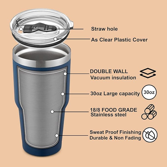 COMOOO 30oz Tumbler Stainless Steel Insulated Tumbler with Lid Double Wall Vacuum Coffee Cup Large Travel Mug for Home, Office, School,Party (Navy, 4 Pack)
