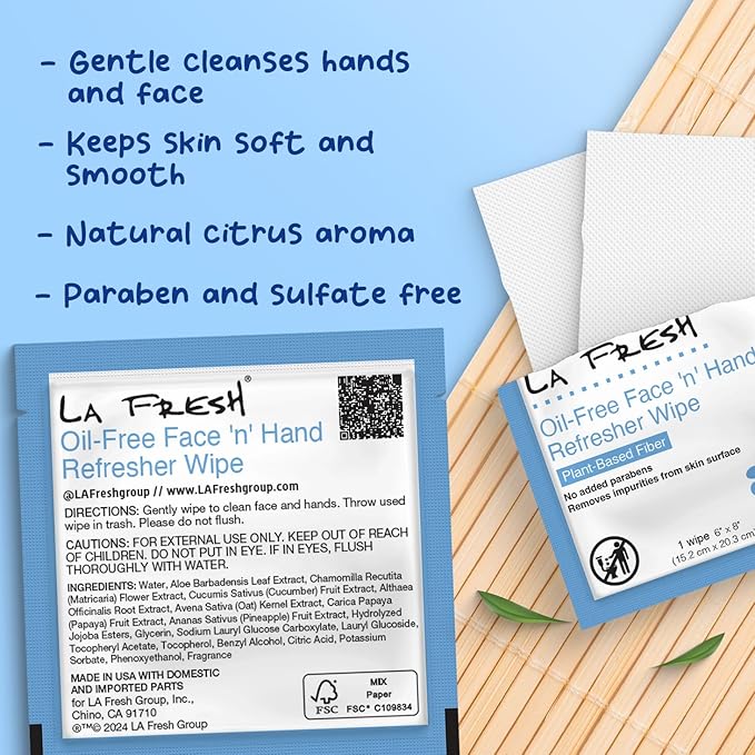 La Fresh Oil-Free Face ‘N’ Hand Refresher Wipes, Made With Natural Japanese Yuzu Scent, Pack of 200 Individually Wrapped Cleansing Wipes, Travel Essentials