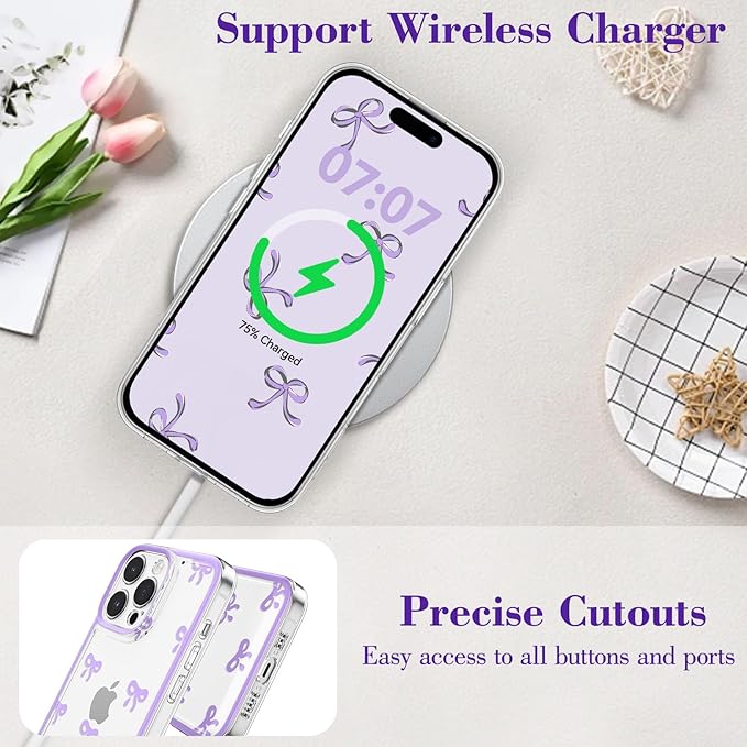 EYZUTAK Case for iPhone 17 Pro Max, Clear Cute Ribbon Bowknot Pattern Aesthetic Transparent Phone Case Raised Camera Protection Stylish Slim Soft Durable TPU Protective Cover for Women Girls - Purple