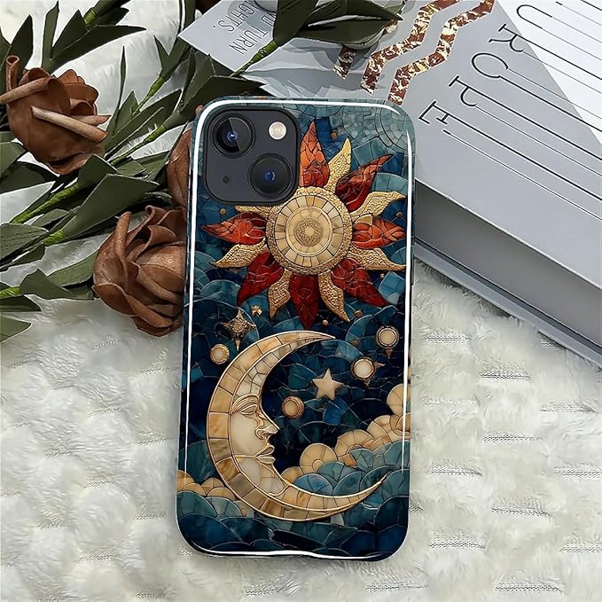 Case for iPhone 15 Plus Case,Sun Moon Stars Faux Stained Glass Design Hybrid Dual Protection Silicone + Hard PC Shockproof Full Body Cover Slim Anti-Scratch Protective Case for Men Women