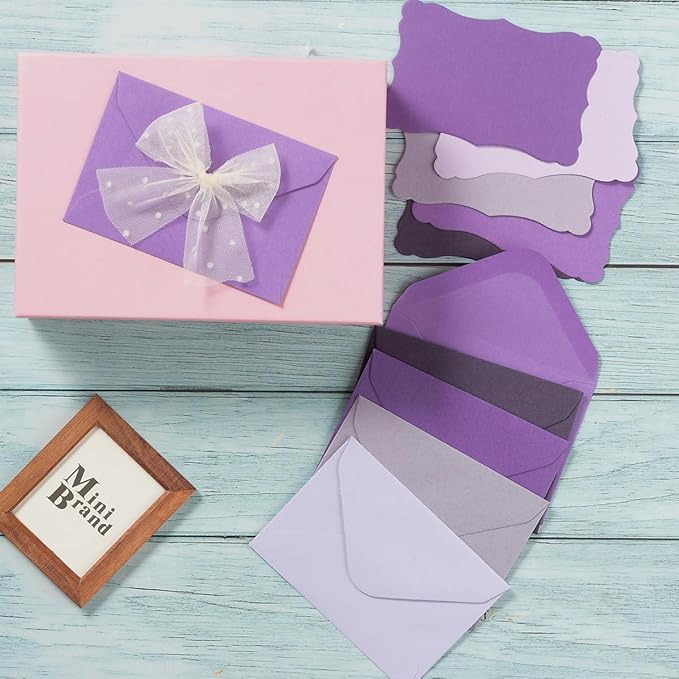 100 Pack Mini Envelopes with Note Cards in 5 Colors for Wedding, Birthday, Baby Showers, 4 x 2.7 Inches (Purple)