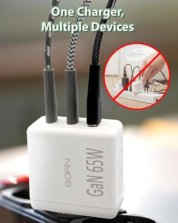 65W Foldable Plug Fast Charging Dual USB-C + USB-A Wall Charger with 6FT USB-C to UCB-C Cable, AC100~240V Input, Wall Charger Compatible with MacBook Pro/Air, Laptops, Tablets, iPhone