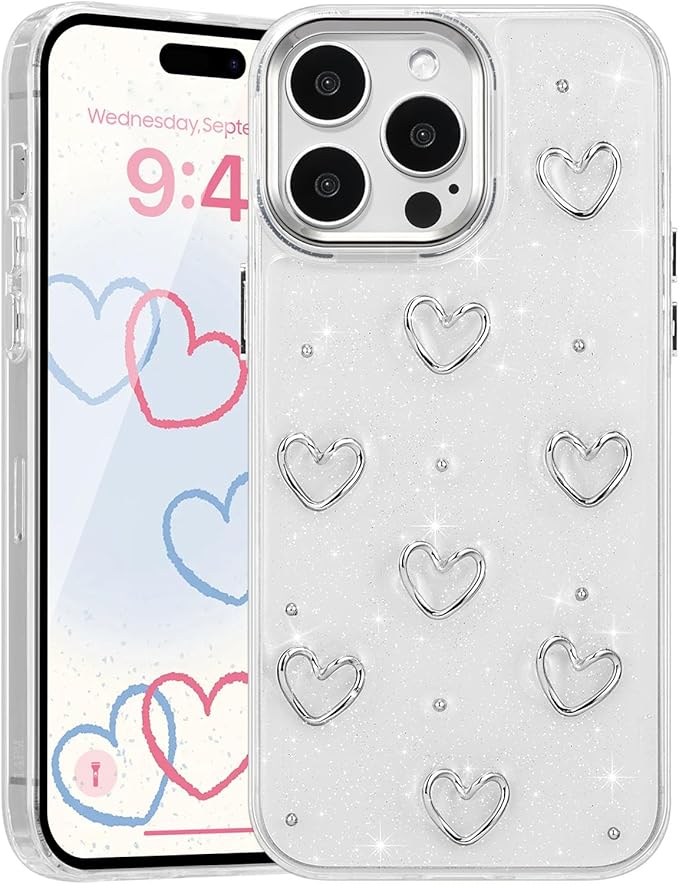EYZUTAK Case for iPhone 14 Pro, Bling Glitter 3D Hearts Phone Case Cute Sparkly Crystal Clear Heart Aesthetic Design Case Slim Soft Durable TPU Transparent Protective Cover for Women Girls - Heart