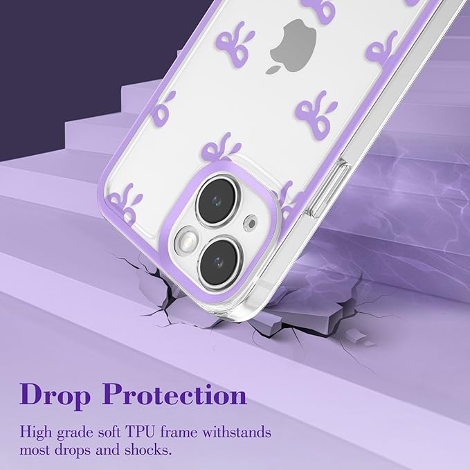 EYZUTAK Case for iPhone 15 Plus, Clear Cute Ribbon Bowknot Pattern Aesthetic Transparent Phone Case Raised Camera Protection Stylish Slim Soft Durable TPU Protective Cover for Women Girls - Purple