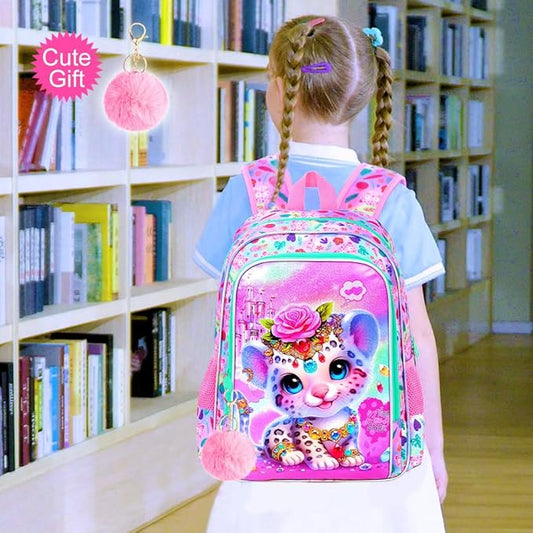 3Pcs Backpack for Girls, 16" Leopard Kids Bookbag for Elementary Preschool Kindergarten, School Backpacks with Lunch Box(Pink)
