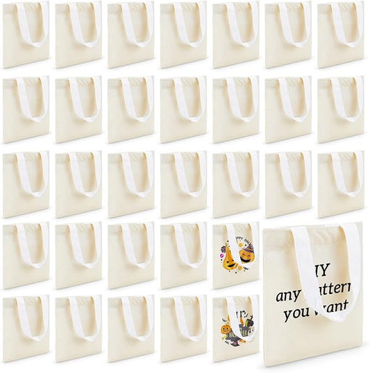Amylove 24 Pcs Mini Tote Bag Sublimation Blank Canvas Tote Bags Reusable Grocery Luggage DIY Sack Goody for Party Even (8.5 x 8 Inch,Natural with White Handle)