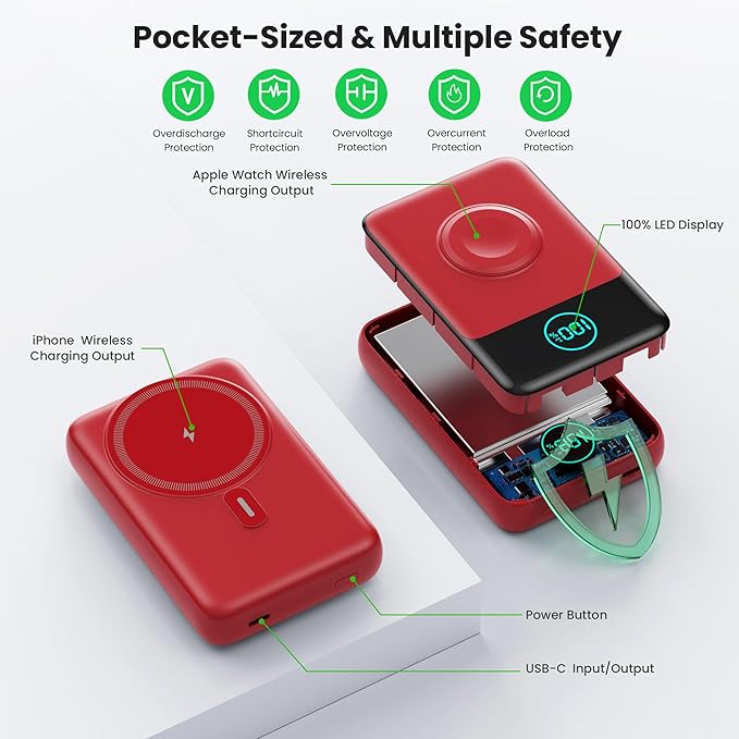 Magnetic Portable Charger for iPhone, 3-in-1 10800mAh Qi2 15W Wireless Power Bank with iWatch Charger,30W PD Fast Charging USB-C LCD Display Battery Pack for Magsafe,iPhone 16/15/14/13/12, Apple Watch