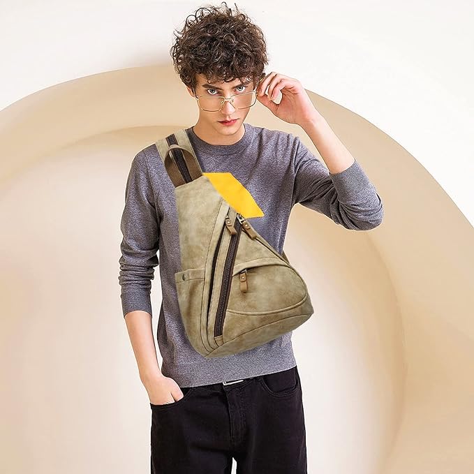 KL928 PU Leather Sling Bag - Small Crossbody Backpack Shoulder Casual Daypack Rucksack for Men Women Outdoor Cycling Hiking Travel (6881-PU-L.Coffee)