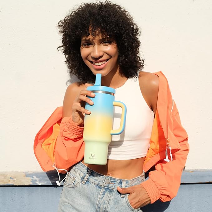 32 oz Tumbler with Handle and Straw: Stainless Steel Insulated Tumbler Keeps Cold for 24 Hours, Leakproof Travel Cup Fits in Cup Holder and BPA-Free, Sunny Breeze