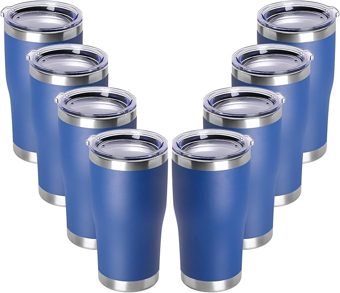 DOMICARE 20oz Tumbler with Lid Stainless Steel Tumblers Bulk, Double Wall Vacuum Insulated Coffee Travel Mug Powder Coated Tumbler, 8 Pack Dark Blue