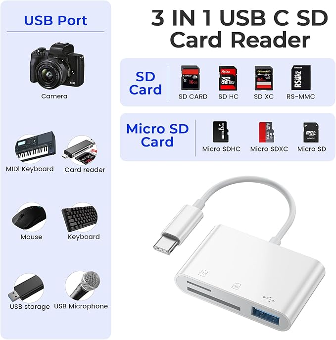 3-in-1 USB C Card Reader, SD/microSD/TF Memory Card Adapter, Compatible for Phone 15/16 Pro, Android, Pad, MacBook, Laptop