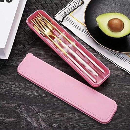 4 Pcs Portable Stainless Steel Tableware Set, Dishwasher Safe Reusable Flatware Cutlery Set, Include Fork Spoon Chopsticks with box (Golden pink)