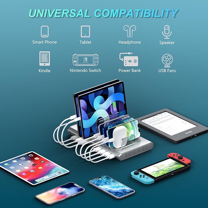 Unitek Multi iPad Charging Station - 10 Port USB Charging Station for Multiple Devices, Fast Charging Dock Cell Phone Organizer for iPhone, iPad, Android, Tablets - Silver
