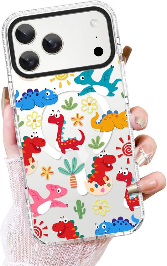 ZIYE Clear Case for iPhone 17 Pro Max Compatible with Magsafe, Funny Dinosaur Design Shockproof Soft TPU Bumper Hard PC Protective for Women Girls Magnetic Cover