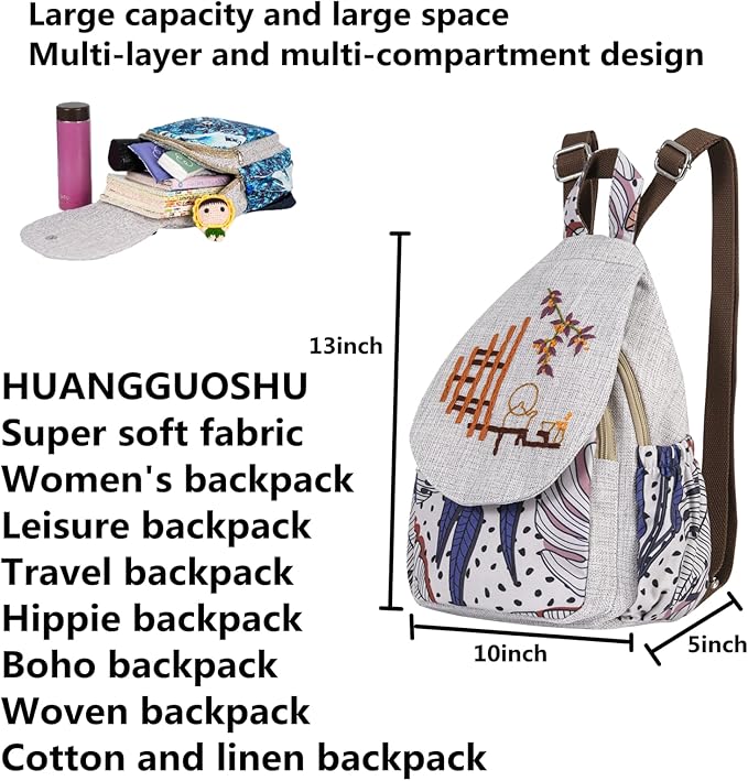 HUANGGUOSHU Women Cotton Woven Bohemian Hemp Boho Canvas Embroidery Multi Pocket Retro Cute Backpack Wallet Backpack Beans