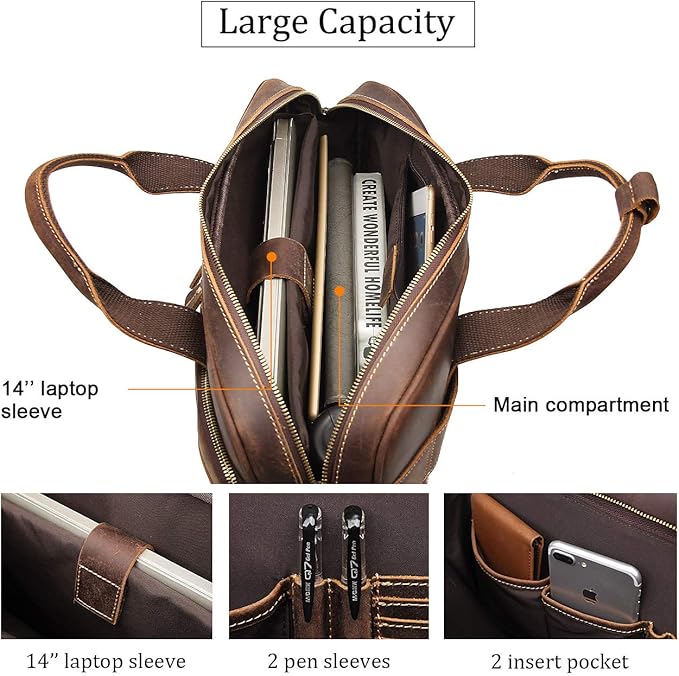 Augus Leather Messenger Bag for Men Vintage Travel Backpack 17 inch laptop Briefcase Shoulder Bags