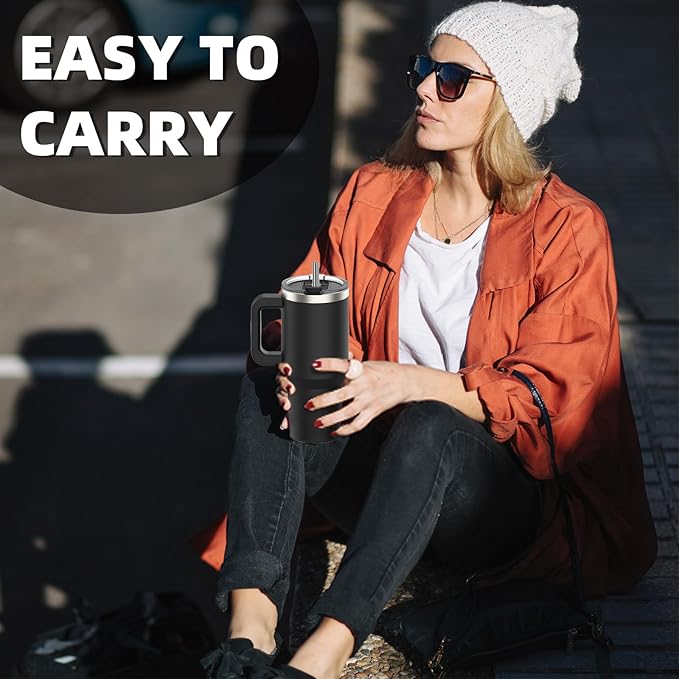 30 oz Tumbler with Handle,Tumbler with Lid and Straw,Double Wall Insulated Cup Stainless Steel Travel Mug(Cold for 34 Hours),Water Bottle for Iced Tea,Coffee,Cold Beverages(Black)