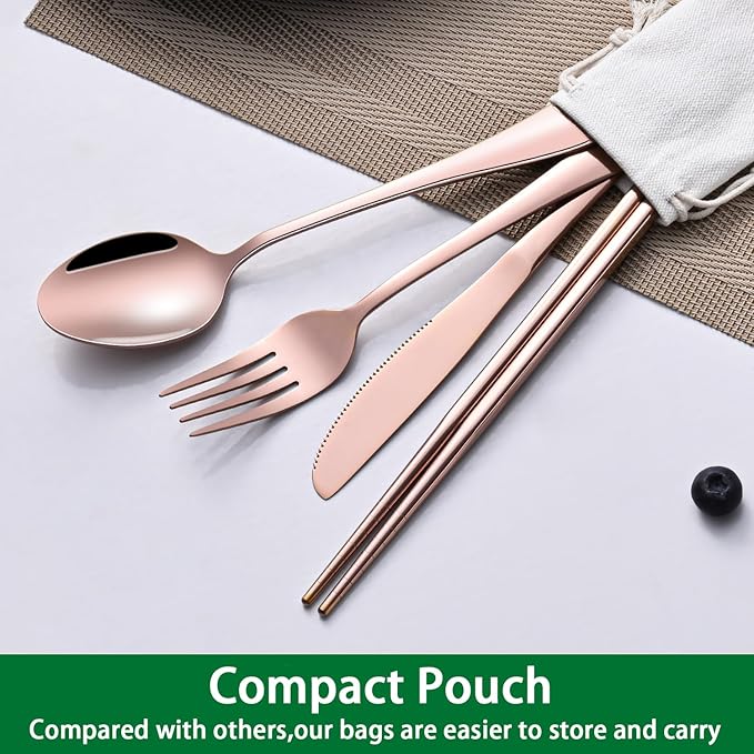 Travel Silverware Set Rose Gold Camping Picnic Utensils Set With Case Includes Knife Spoon Fork Chopsticks,Office Work Lunch Personal Flatware Set