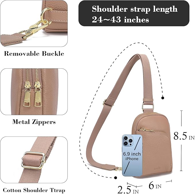 INICAT RFID Blocking Sling Bag Leather Crossbody Bags for Women Fanny Pack Cross Body for Woman Chest Bag for Travel 1.9L