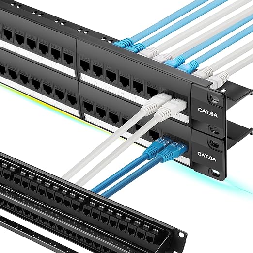 Rapink Patch Panel 48 Port Cat6A with Inline Keystone 10G Support, Pass-Thru Coupler UTP 19-Inch with Removable Back Bar, 1U Network Patch Panel for Cat6A,Cat6, Cat5e, Cat5 Cabling