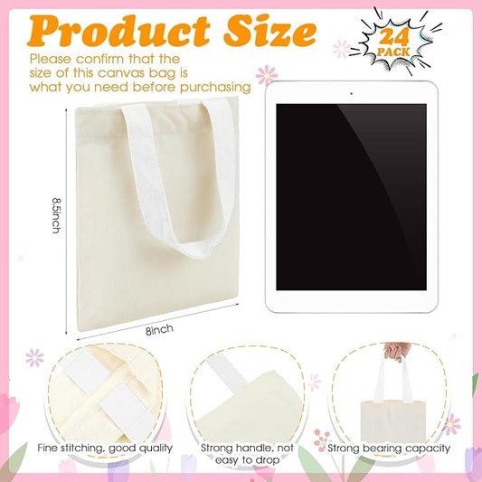 Amylove 24 Pcs Mini Tote Bag Sublimation Blank Canvas Tote Bags Reusable Grocery Luggage DIY Sack Goody for Party Even (8.5 x 8 Inch,Natural with White Handle)