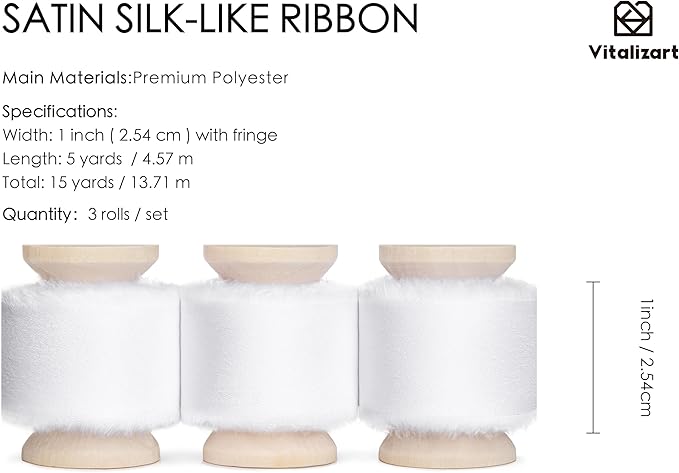 Vitalizart Silk Satin Ribbon 1 inch x 15 Yard Off White Handmade Frayed Ribbons for Gift Wrapping Baby Shower Wedding Bridal Bouquets Holiday Decor