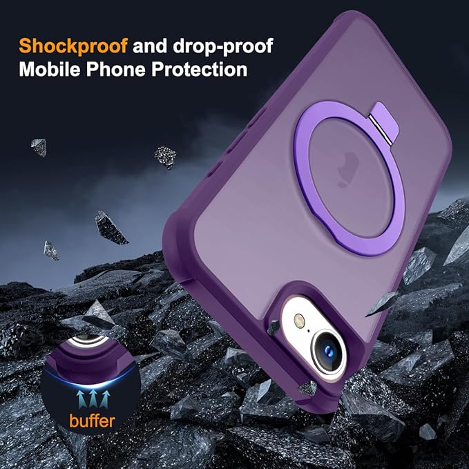 Compatible with iPhone 16E Case with Invisible Magnetic O-Ring Stand Military-Grade Translucent Case for iPhone 16E 6.1" 2025 [Compatible with Mag-Safe][Great Grip Feeling], Purple