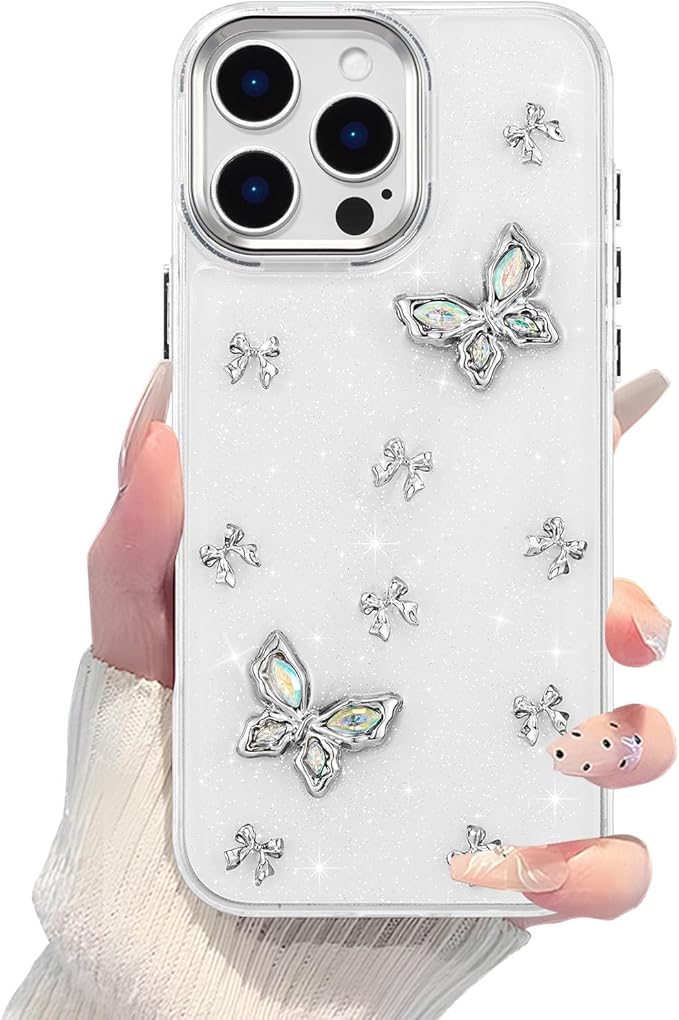 EYZUTAK Case for iPhone 16 Pro Max, Bling Glitter 3D Butterflies Bowknot Phone Case Cute Crystal Clear Bow Aesthetic Case Slim Soft Durable TPU Transparent Protective Cover for Women Girls - Butterfly
