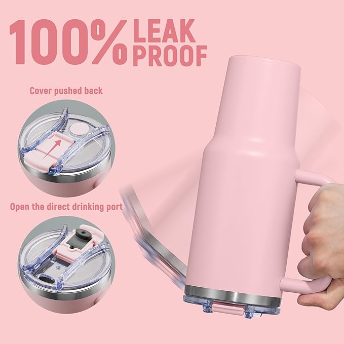 40 oz Tumbler with Handle and Straw Lid,Insulated Reusable Stainless Steel Water Bottle Travel Mug，Cupholder Friendly Double Wall Vacuum Sealed Cup (Pink)