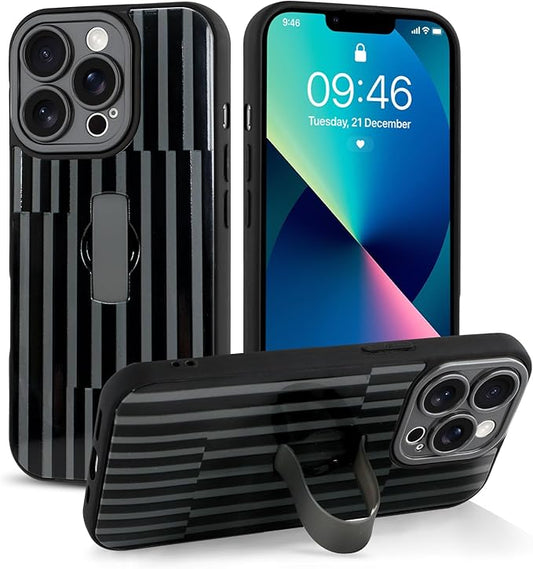 Compatible with iPhone 13 Pro Max Case with Finger Hand Strap Kickstand, Trendy Cool Striped Phone Case for Women Men, Full Camera Protection Shockproof Protective Cover, Black Stripes