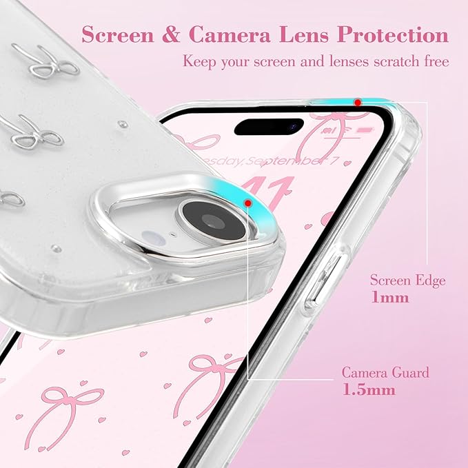 EYZUTAK Case for iPhone 16e, Bling Glitter 3D Bowknot Phone Case Cute Sparkly Crystal Clear Bow Aesthetic Design Cover Slim Soft Durable TPU Transparent Protective Cover for Women Girls - Bow