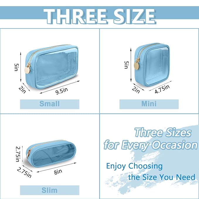 Clear Mini Makeup Bag for Purse, Small Nylon&PVC Cosmetic Travel Bag TSA Approved Toiletry Bag with Zipper, Preppy Transparent Makeup Travel Bag Coin Purse for Women Men Girls(Mini-Blue)