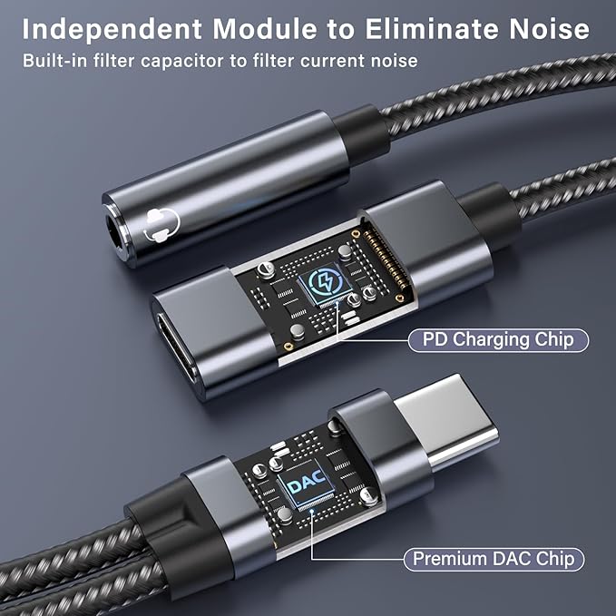 USB C to 3.5mm Female Headphone and Charger Adapter, 2-in-1 Type USBC to Aux Audio Jack Hi-Res DAC Adapter and Fast Charging Dongle Cable Compatible with iPhone 16/15 Pro Max,Galaxy S22 S21 S20 Pixel