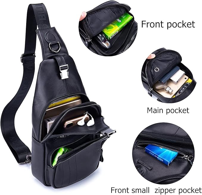 BULLCAPTAIN Men Sling Chest Bag Genuine Leather Casual Multipurpose Crossbody Shoulder Backpack Travel Hiking Daypack (Black)