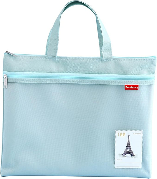 Pendancy Mesh Zipper Pouch 11x13.7 in, Large Double Pocket Waterproof File Bag with Handle, A4 Size Foldable Document Storage for Puzzle Project/Cross Stitch/Travel/Office（Green）