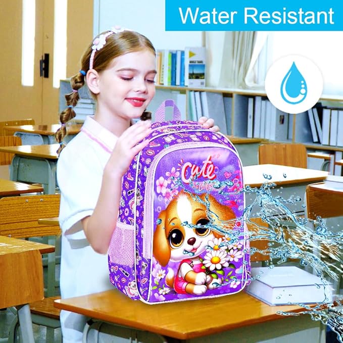 16" Girls Backpack, 3Pcs Dog School Bookbag with Lunch Box, Kids Backpacks for Elementary Preschool Kindergarten(Purple)