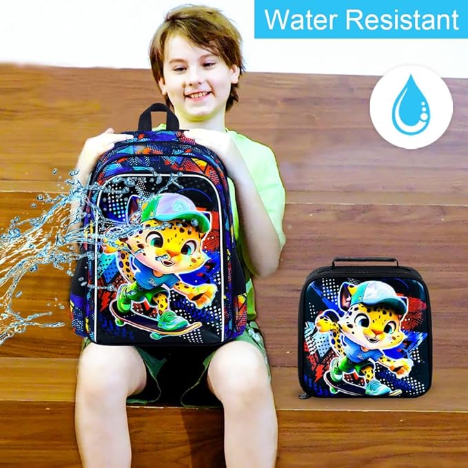 CCJPX 3PCS Kids Backpack for Boys, 16 Inch Panther Water Resistant Preschool Bookbags, Cool Leopard Kindergarten School Backpacks and Lunch Box