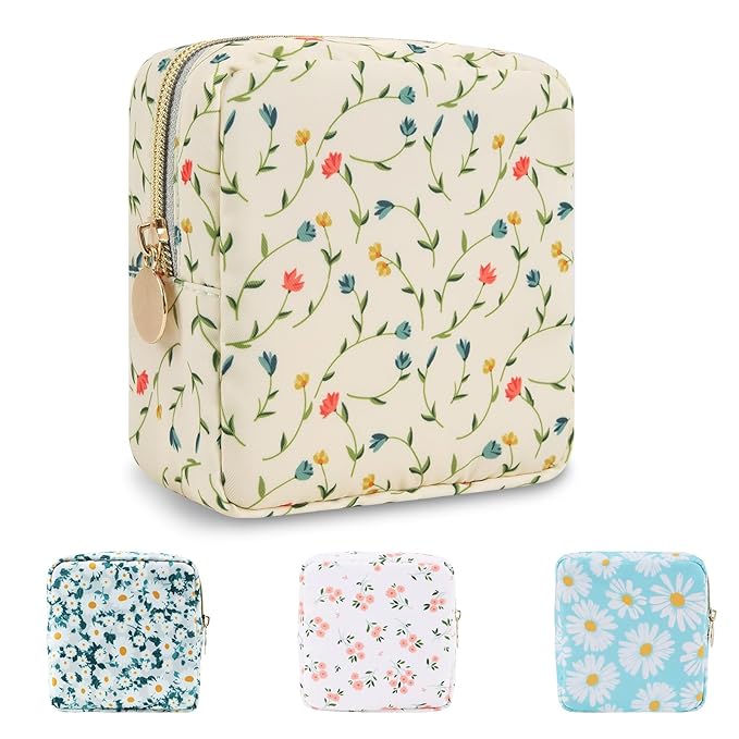 Waterproof Mini Floral Makeup Bag Pouch for Purse,Nylon Flower Cosmetic Bag Small Preppy Toiletry Organizers Bag for Women Girl,Cute Zipper Pouch Coin Purse for Work(Mini Light Yellow-Flowers)