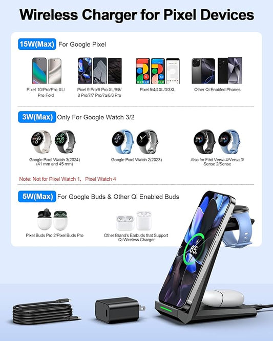 NANAMI Wireless Charger for Google - 3 in 1 Wireless Charging Station Fast Charger Stand Dock for Pixel 10/10 Pro/9/Fold/8/7,Buds Pro 2/Pro, Watch 3/2,Fitbit Versa 4/Sense 2(Not for Pixel Watch 1/4)