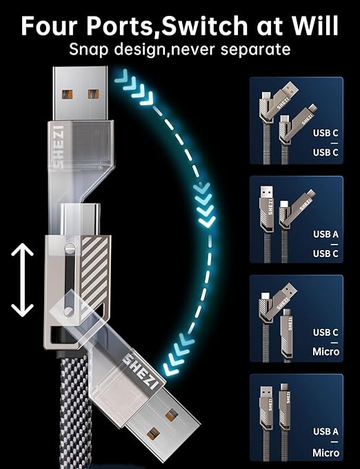[One is Enough] 4-in-1 USB C to Micro Cable, Micro High-Speed Charging & Fast Data Transfer,CarPlay & Android Auto Support Multi Charger Cord Combo/Type C/USB A for iPhone/Samsung/iPad,5FT