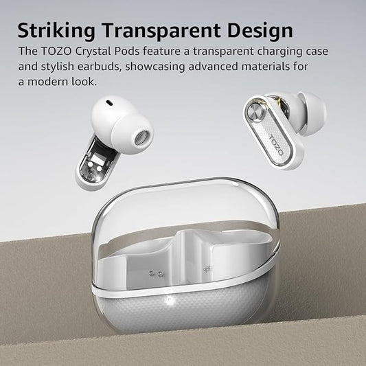 TOZO Crystal Pods Hybrid Active Noise Cancelling Wireless Earbuds, 10mm Drivers Deep Bass Stereo Sound, 4 Mics Smart ENC AI Calls, 32 EQ via App, Bluetooth 5.4 Headphones, Crystal Case Design