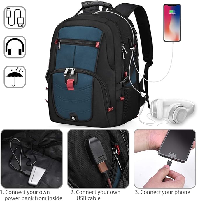NUBILY Laptop Backpack 17 Inch Waterproof Extra Large TSA Travel Backpack Anti Theft College Business Mens Backpacks with USB Charging Port 17.3 Gaming Computer Backpack for Women Men Blue 45 L