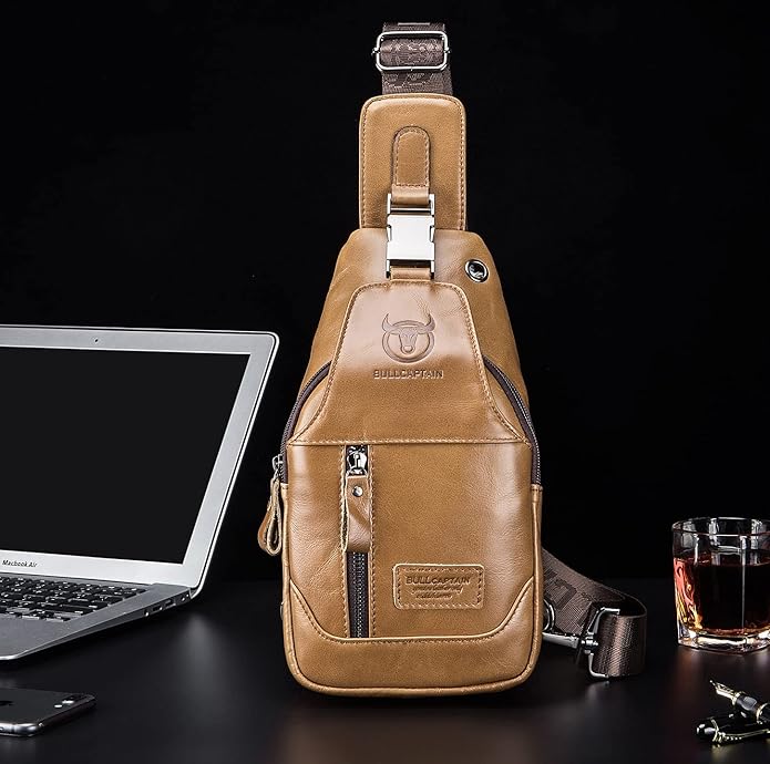BULLCAPTAIN Genuine Leather Men Sling Backpack Multi Pocket Crossbody Chest Bags Travel Hiking Daypack