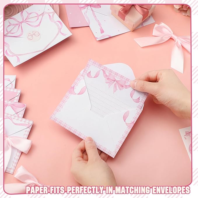 TaoBary 160 Pcs Stationery Paper Set 50 Double Sided Stationery Papers with 50 Matching Envelopes and 60 Round Dot Sticker, 10 Design(Pink Bow,5.5 x 8.25 Inch)