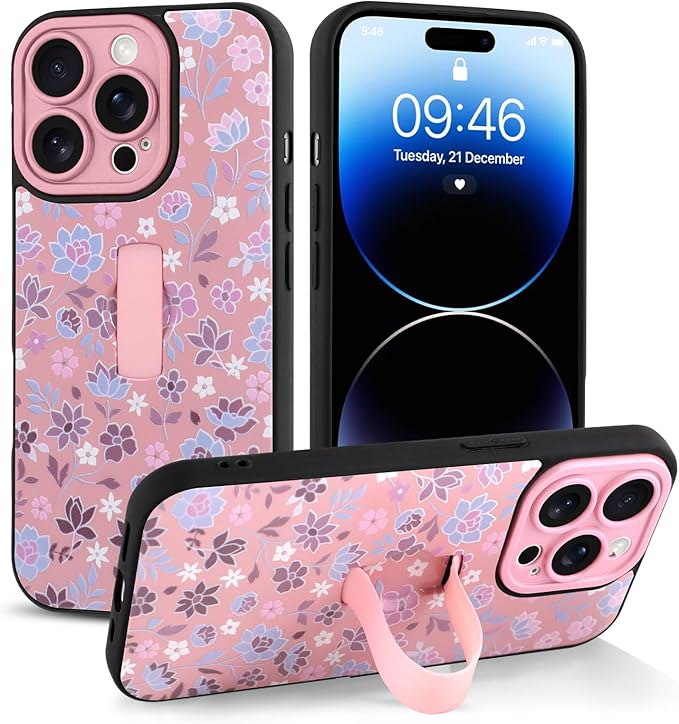 Compatible with iPhone 14 Pro Max Case with Finger Hand Strap Kickstand, Cute Flowers Floral Phone Case for Girls Women Men, Full Camera Protection Shockproof Protective Cover, Pink Flowers