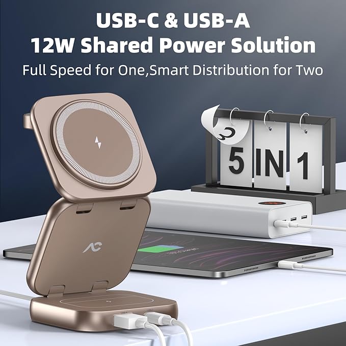 5-in-1 Wireless Charger for MagSafe, AC ISLAND Portable Travel Charging Station, 15W Max Fast Foldable Magnetic Stand, Evolved for iPhone 17/16/15/14/13 Series, Apple Watch, AirPods (with 35W Adapter)