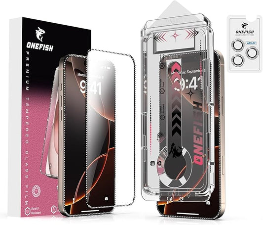 OneFish Screen Protector for Iphone 15 Pro Max with Camera Lens Protector, Diamond Bling Full Edge Coverage, HD Clarity Tempered Glass Film with Installation Frame, 9H Glass Scratch Resistant