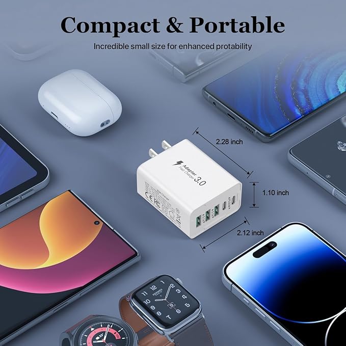 USB C Charger, 50W 5-Port USB C Charger Block, Fast Charging Block Dual Port PD+QC Wall Plug Multiport Type C Compatible with iPhone 12/13/14/15/Pro Max/XS/XR/8/7/SmartPhone/Tablet