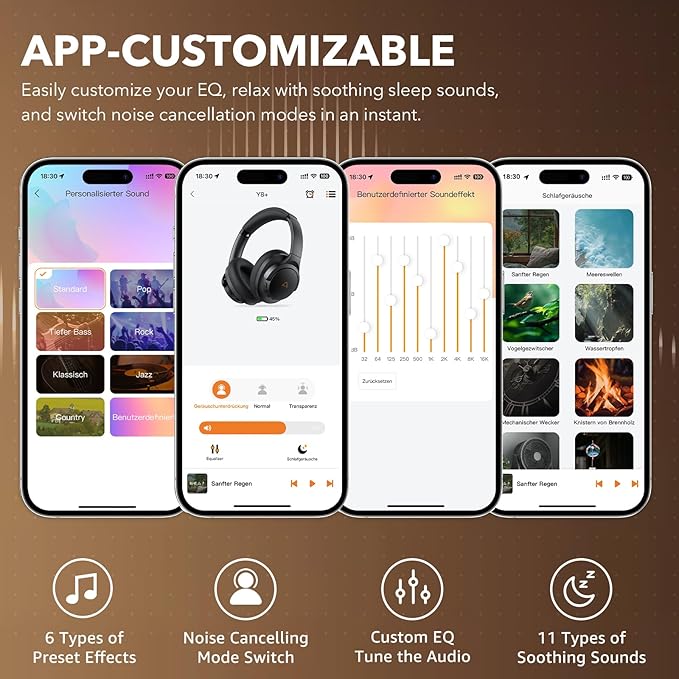 1Mii Y8+ Noise Cancelling Headphones Bluetooth, Wireless LDAC Hi-Res Audio, Custom EQ via App, 75H Playtime, Comfort Fit, Over Ear Headphones Foldable for Airplane Travel Home Office Beige Green