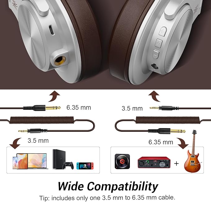 OneOdio A70 Bluetooth Over Ear Headphones, Wireless Headphones w/ 72H Playtime, Hi-Res, 3.5mm/6.35mm Wired Audio Jack for Studio Monitor & Mixing DJ E-Guitar AMP, Computer Laptop PC Tablet - Silver